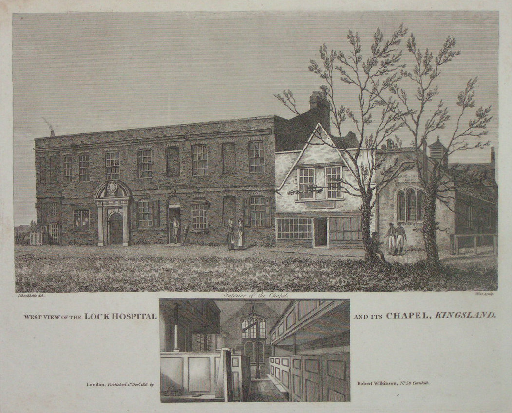 Print - West View of the Lock Hospital and its Chapel, Kingsland - 